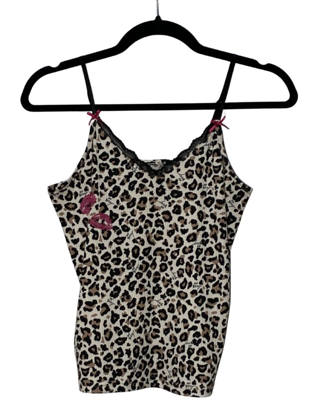 Betsey Johnson Y2K XOX Leopard Print Cami Top Lace Trim Pink Lips Bows Small